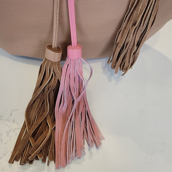 New with Tag Sharif 1825 Genuine Leather Pink Brown Hobo Tassels Shoulder Bag - Picture 4 of 16